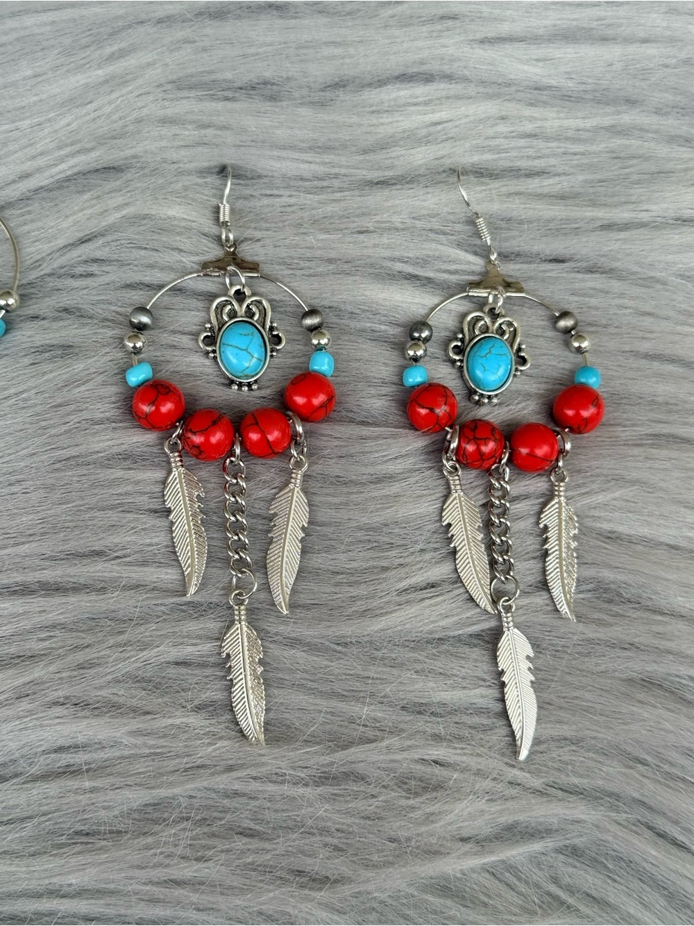 Western Turquoise Red Silver & Navajo Pearl Beaded Dangle feather charm earrings